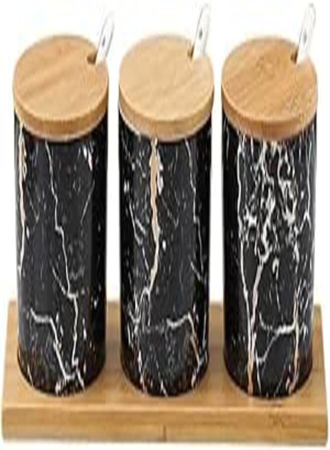 Generic Porcelain Spice Jars Set with Bamboo Lids, 3 Pieces with Spoons and Wooden Tray, Black .Ar