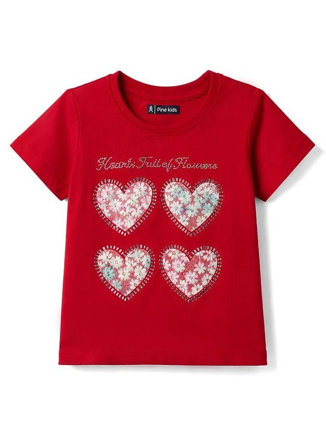 Pine Kids Pine Kids 100% Cotton "Hearts Full of Flowers" Rhinestone & Floral Heart Printed Short Sleeve T-Shirt - Red