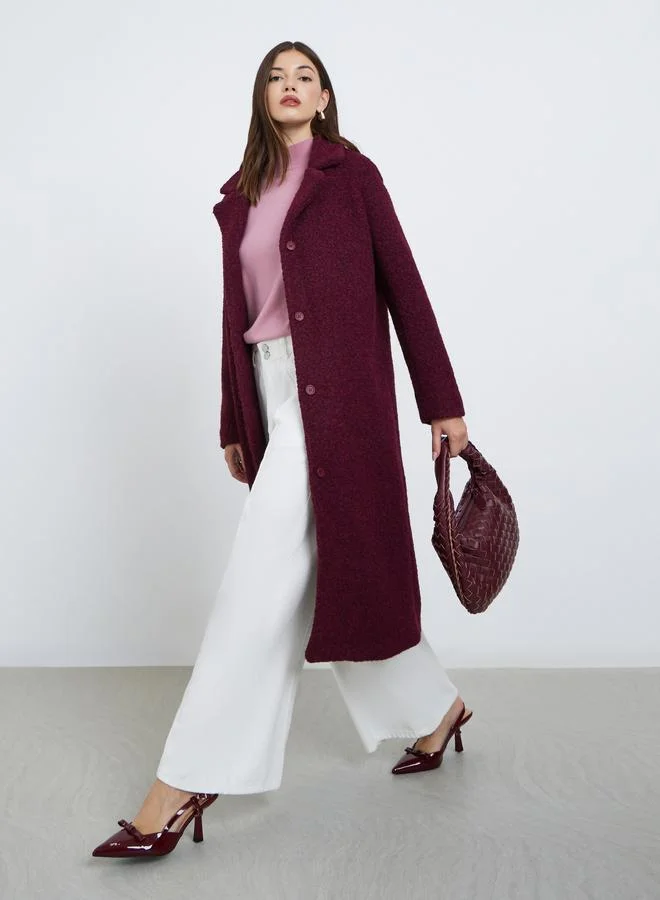 Styli Burgundy Button-Down Midi Wool Coat