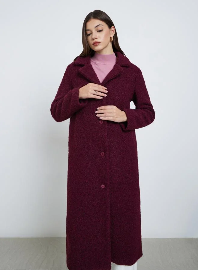 Styli Styli Burgundy Button-Down Midi Wool Coat