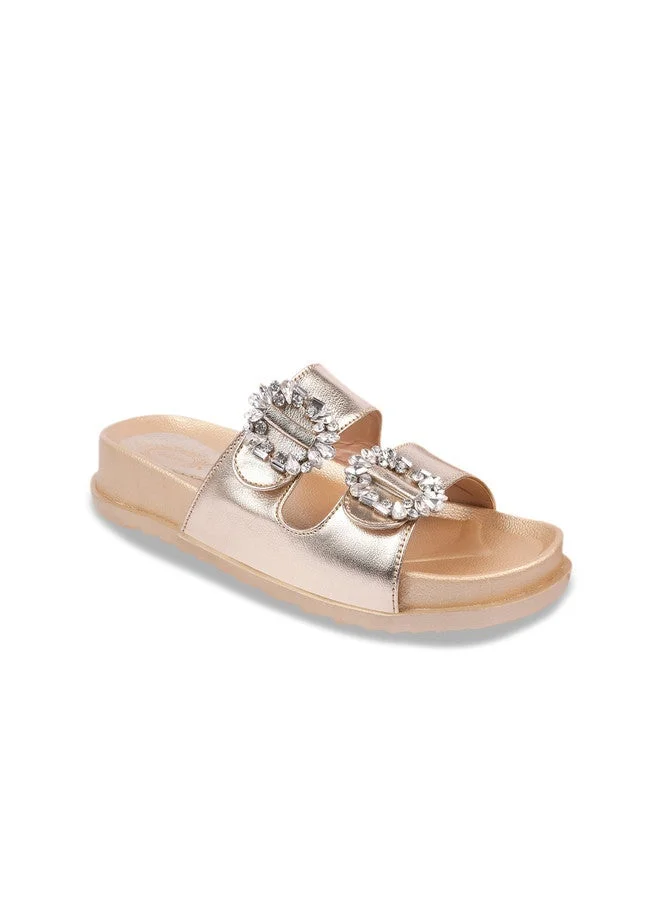 شوتوبيا Shoetopia Women’s Embellished  Slide Sandals – Glam Slip-On Flats with Crystal Buckle Detail | Stylish & Comfortable Footwear for Party or Daily