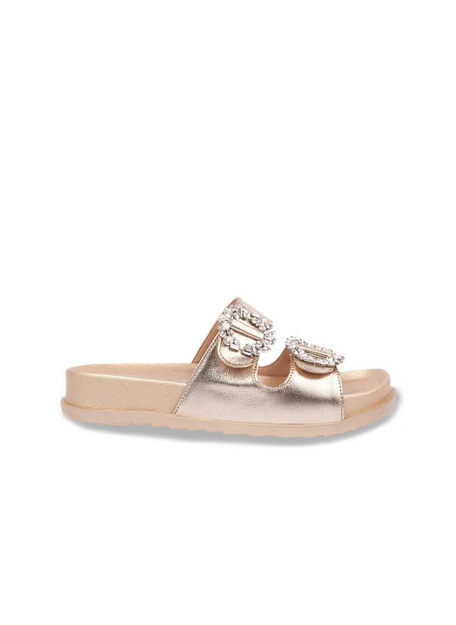 شوتوبيا Shoetopia Women’s Embellished  Slide Sandals – Glam Slip-On Flats with Crystal Buckle Detail | Stylish & Comfortable Footwear for Party or Daily