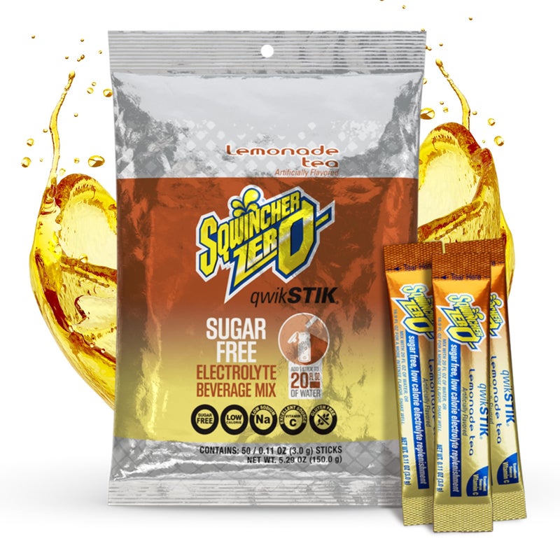 Sqwincher Zero Qwik Stik, Lemonade Tea, Sugar Free, Low Calorie, Low Sodium Electrolyte Powder Hydration Drink Mix, .11 0z Packet (Pack of 50) - Image 1