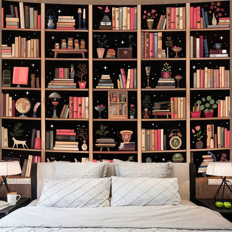 Accnicc Modern Bookshelf Tapestry Black Pink Orange Stylish Minimalist Book Shelf Tapestries Wall Hanging Art Dark Academics Library Book Tapestry for Bedroom Living Room Dorm 80 x 60 inch - Image 4