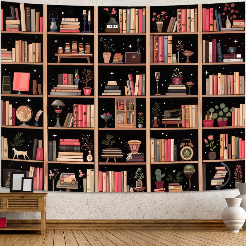 Accnicc Modern Bookshelf Tapestry Black Pink Orange Stylish Minimalist Book Shelf Tapestries Wall Hanging Art Dark Academics Library Book Tapestry for Bedroom Living Room Dorm 80 x 60 inch - Image 1