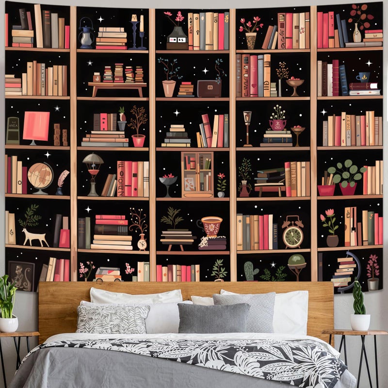 Accnicc Modern Bookshelf Tapestry Black Pink Orange Stylish Minimalist Book Shelf Tapestries Wall Hanging Art Dark Academics Library Book Tapestry for Bedroom Living Room Dorm 80 x 60 inch - Image 5
