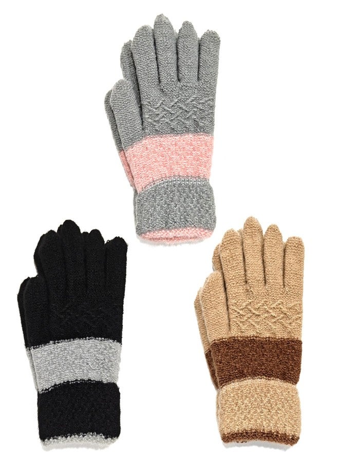 AIMI 3 Pairs Kids Winter Knit Gloves Stretchy Full Finger Fluffy Warm Mittens for Little Children Toddler Boys 5-10 Years - Image 1