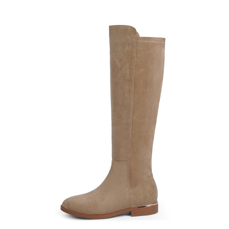 Modatope Tan Suede Knee High Boots Women Flat Rounded Toe Riding Boots Low Chunky Heel Elastic Fall Winter Boot Size 8 - Image 4