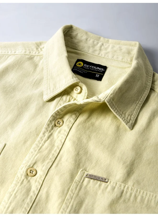 Beyoung Light Yellow Over Dyed Shirt for Men