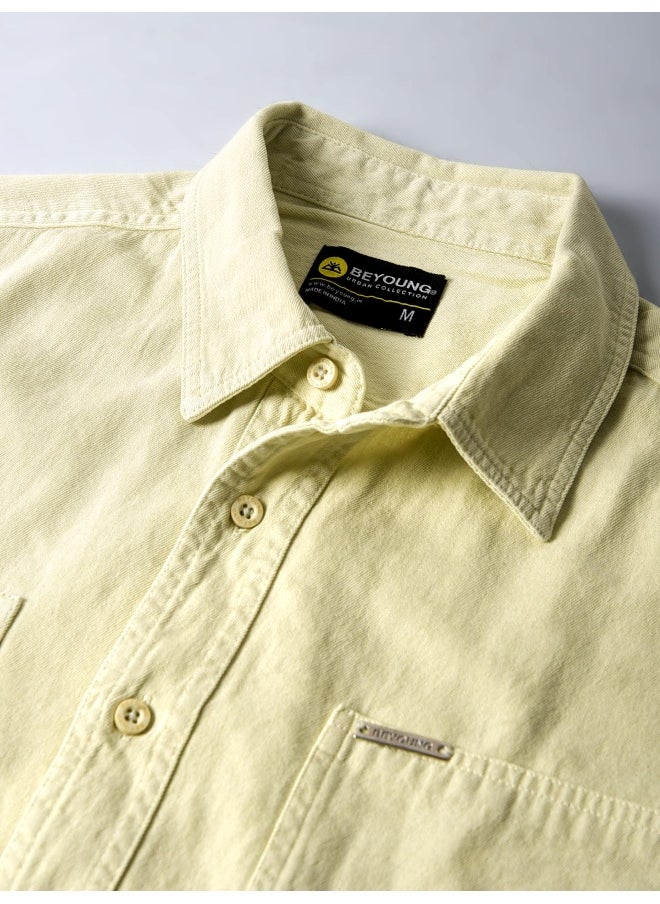 Beyoung Light Yellow Over Dyed Shirt for Men  - Image 4