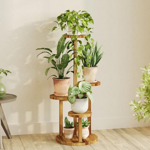 Bamworld Plant Stand Indoor Plant Shelf 4 Tier Wood Plant Stand for Multiple Plants Tall Corner Plant Stands for Outdoor Round Flower Stand Plant Holder for Living Room Patio Garden Balcony Brown - Image 1