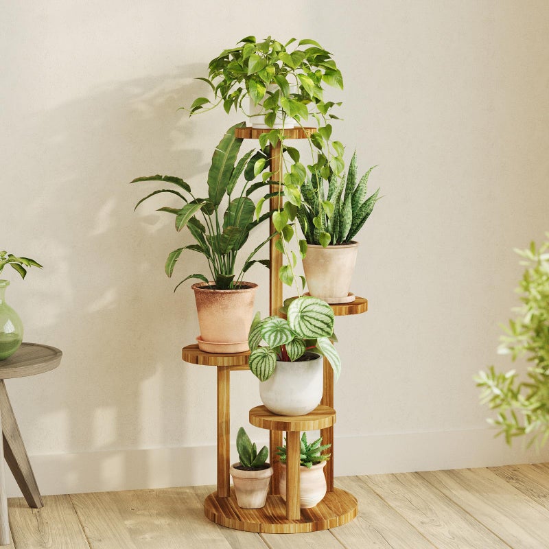 Bamworld Plant Stand Indoor Plant Shelf 4 Tier Wood Plant Stand for Multiple Plants Tall Corner Plant Stands for Outdoor Round Flower Stand Plant Holder for Living Room Patio Garden Balcony Brown - Image 2