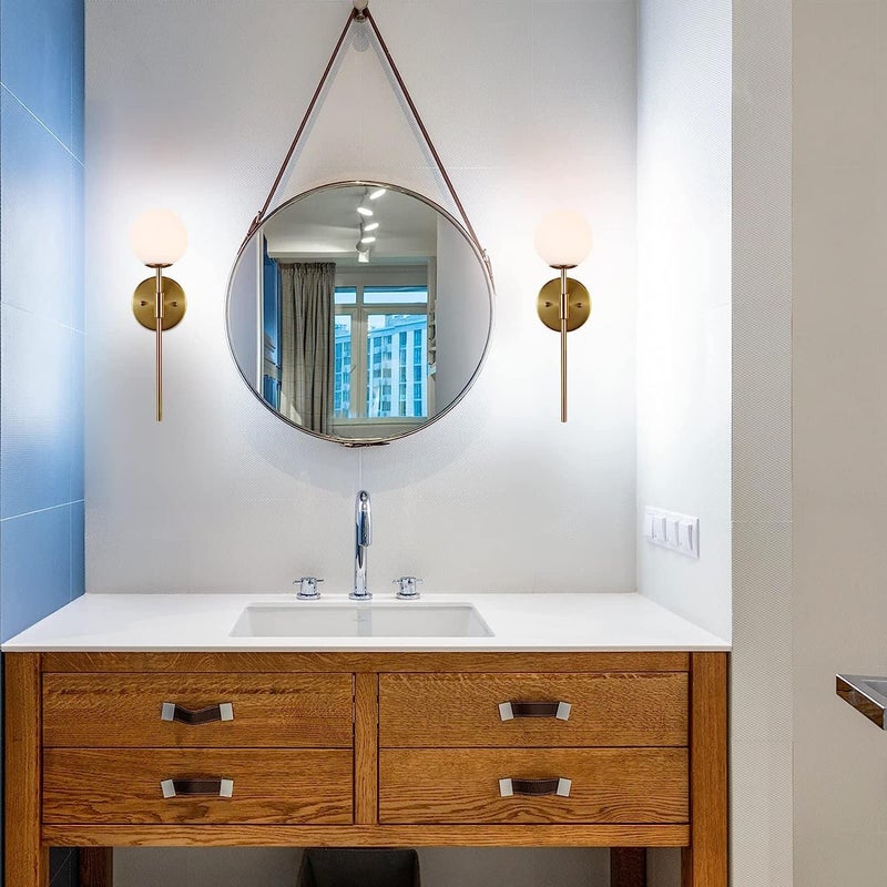 Homenique Gold Wall Sconce Set of 2 with White Globe Glass Shades Modern Mid Century Bathroom Vanity Wall Light Fixtures Industrial Brushed Brass Wall Lamp for Bedroom Mirror Living Room Restaurant - Image 3