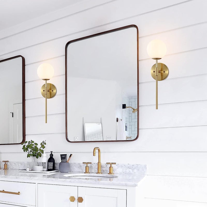 Homenique Gold Wall Sconce Set of 2 with White Globe Glass Shades Modern Mid Century Bathroom Vanity Wall Light Fixtures Industrial Brushed Brass Wall Lamp for Bedroom Mirror Living Room Restaurant - Image 2