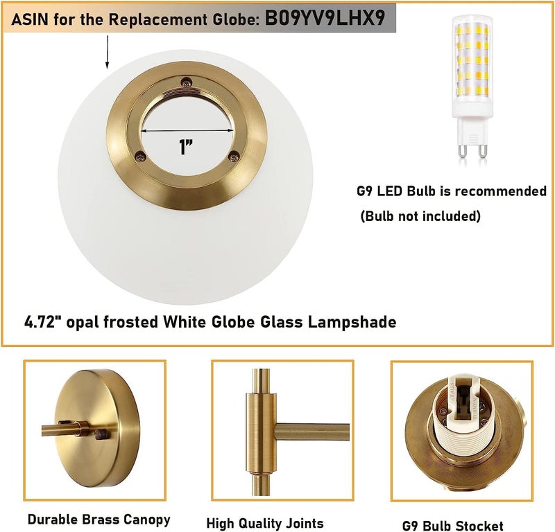 Homenique Gold Wall Sconce Set of 2 with White Globe Glass Shades Modern Mid Century Bathroom Vanity Wall Light Fixtures Industrial Brushed Brass Wall Lamp for Bedroom Mirror Living Room Restaurant - Image 5