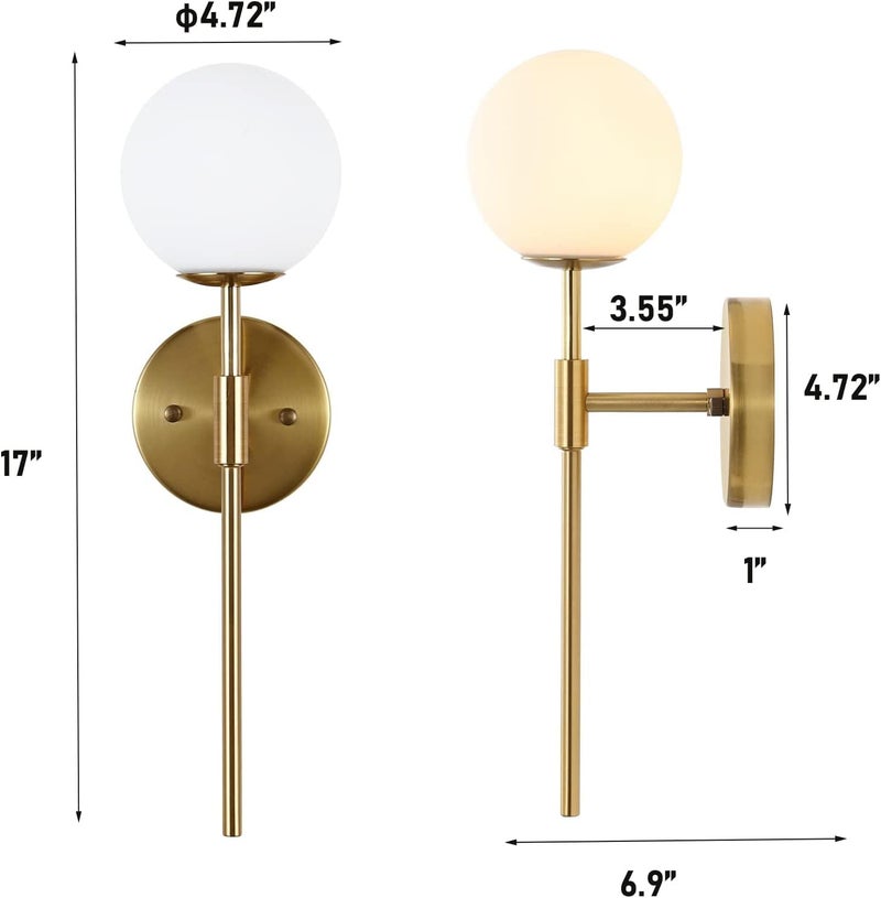 Homenique Gold Wall Sconce Set of 2 with White Globe Glass Shades Modern Mid Century Bathroom Vanity Wall Light Fixtures Industrial Brushed Brass Wall Lamp for Bedroom Mirror Living Room Restaurant - Image 4