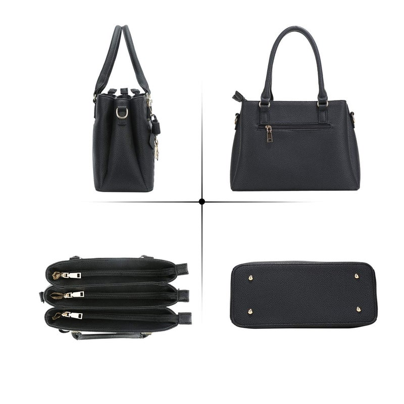 KKXIU 3 Zippered Compartments Purses and Handbags for Women Vegan Leather Ladies Quilted Satchel Bags (J-black) - Image 4