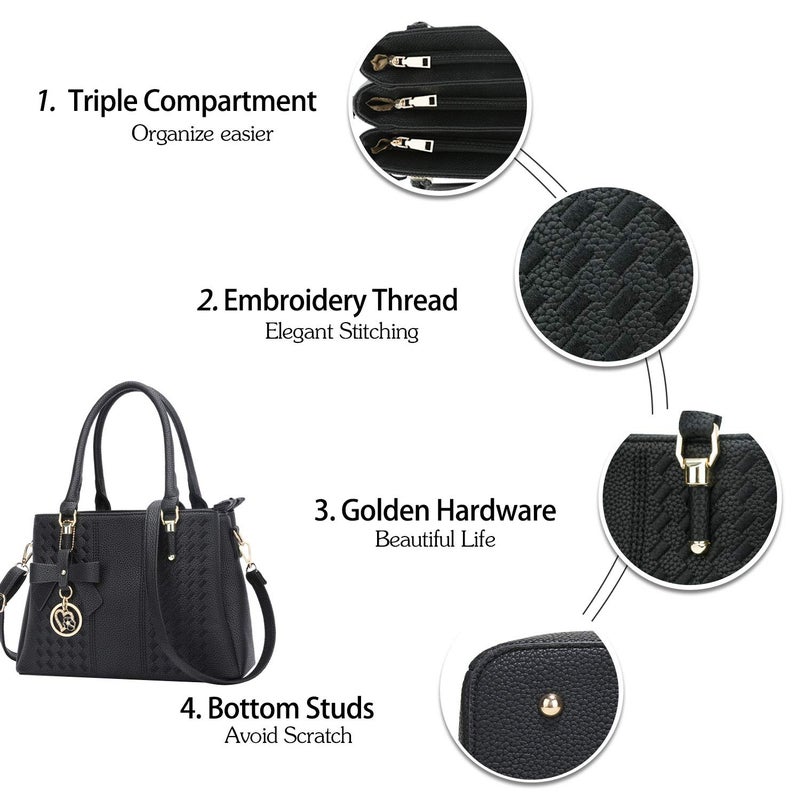 KKXIU 3 Zippered Compartments Purses and Handbags for Women Vegan Leather Ladies Quilted Satchel Bags (J-black) - Image 3