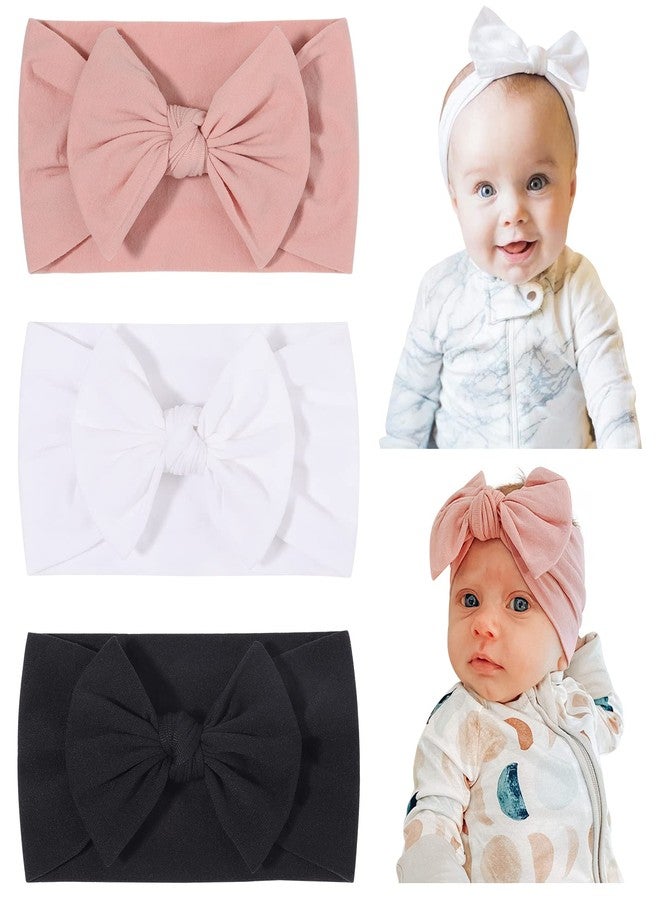 jollybows 3PCS Baby Nylon Headbands Hairbands Hair Bow Elastics for Baby Girls Newborn Infant Toddlers Kids (1-Black+White+Pink, 1 Count (Pack of 3)) - Image 1