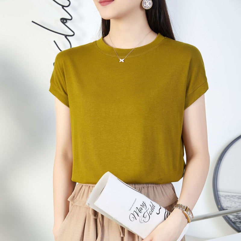 Tiktok batwing sleeve t-shirt women's round neck summer solid color simple small flying sleeve casual all-match loose short sleeve t-shirt women - Image 1