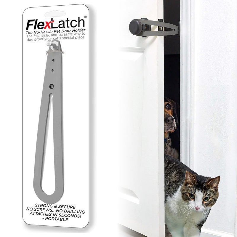 FlexLatch Cat Door Holder Latch  Gray Cat Door Alternative Flex Latch Strap Lets Cats in and Keeps Dogs Out of Litter and Food Safe Baby Proof One Piece No Measuring Extra Easy