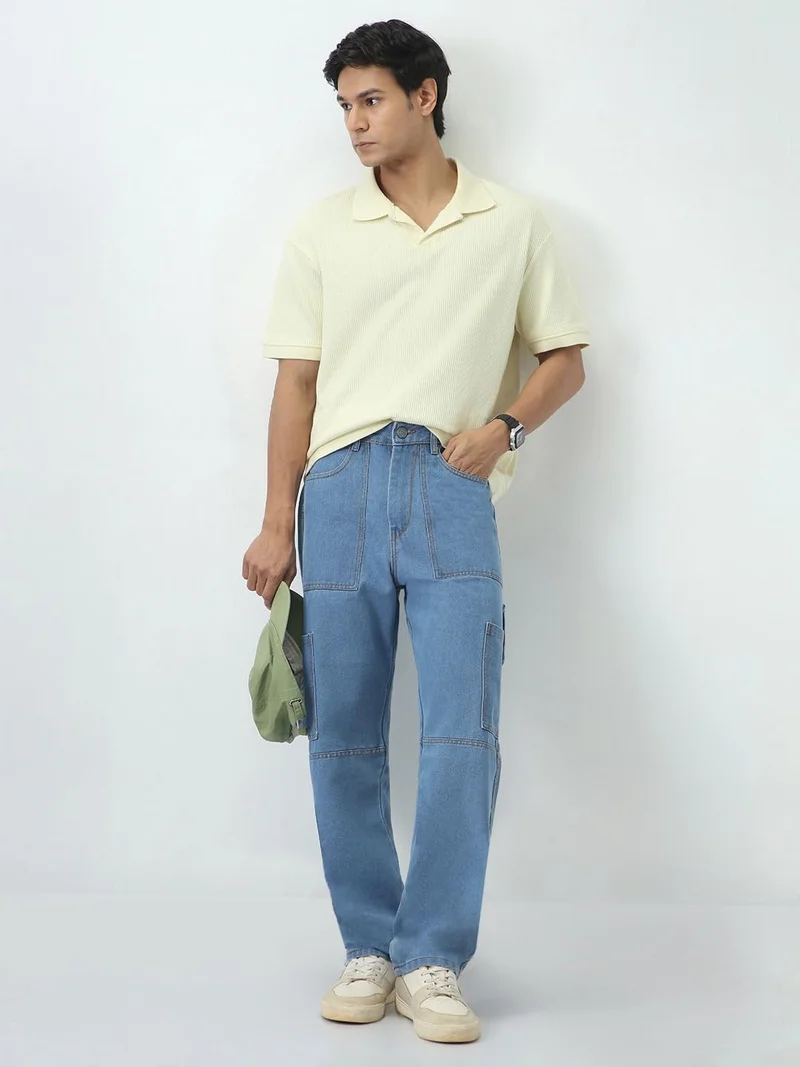 Urbano Fashion  Urbano Fashion Men's Light Blue Loose Baggy Fit Washed Cargo Jeans with 6 Pockets Non-Stretchable  | Best Price UAE