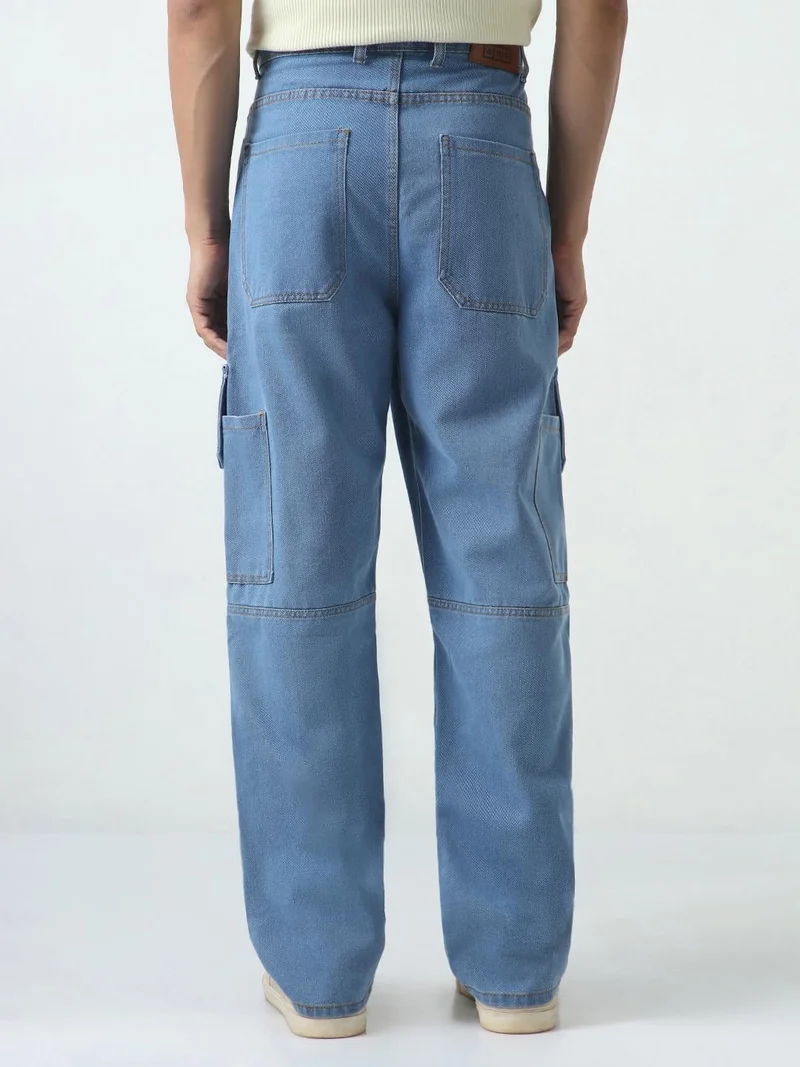 Urbano Fashion  Urbano Fashion Men's Light Blue Loose Baggy Fit Washed Cargo Jeans with 6 Pockets Non-Stretchable  | Best Price UAE
