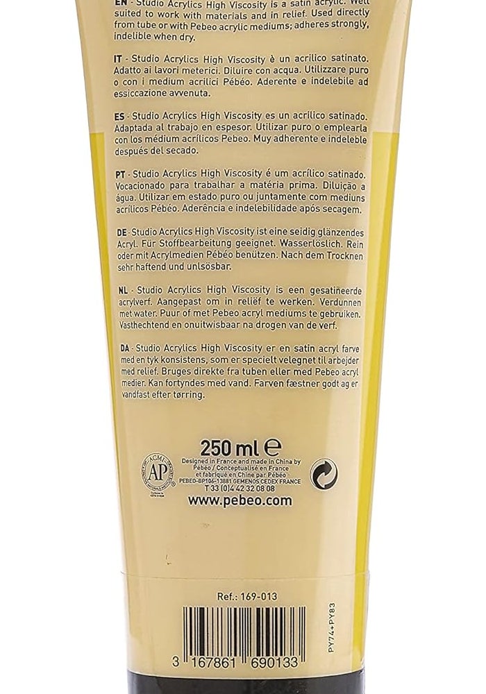 Pebeo Studio Acrylics High Viscosity Fine Acrylic Paint - 250 ml Tube in Light Azo Yellow - Image 2