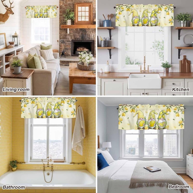 Lemon Gnomes Valances for Windows, Short Curtains for Kitchen/Bathroom, Summer Tropical Lemon Fruits Yellow Rod Pocket Window Treatment for Living Room/Doorway/Bedroom/Cafe Decor Panel 60"x18" - Image 5