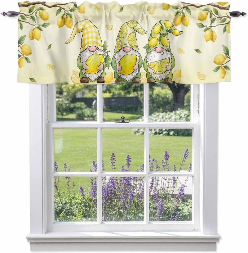 Lemon Gnomes Valances for Windows, Short Curtains for Kitchen/Bathroom, Summer Tropical Lemon Fruits Yellow Rod Pocket Window Treatment for Living Room/Doorway/Bedroom/Cafe Decor Panel 60"x18" - Image 1