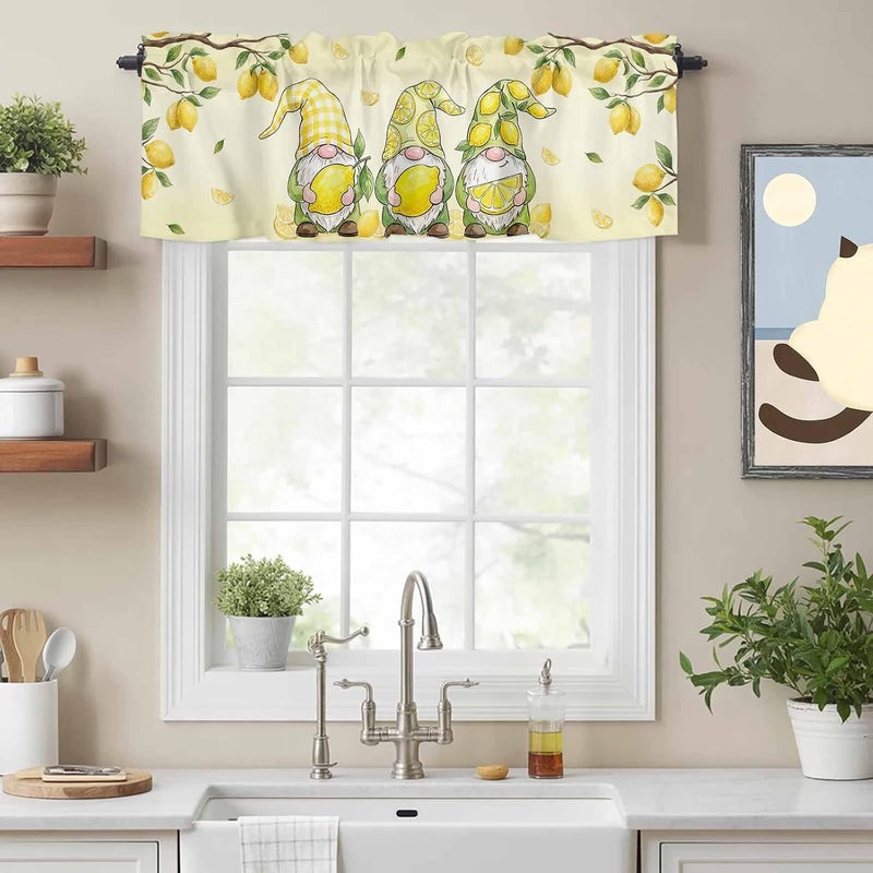 Lemon Gnomes Valances for Windows, Short Curtains for Kitchen/Bathroom, Summer Tropical Lemon Fruits Yellow Rod Pocket Window Treatment for Living Room/Doorway/Bedroom/Cafe Decor Panel 60"x18" - Image 2