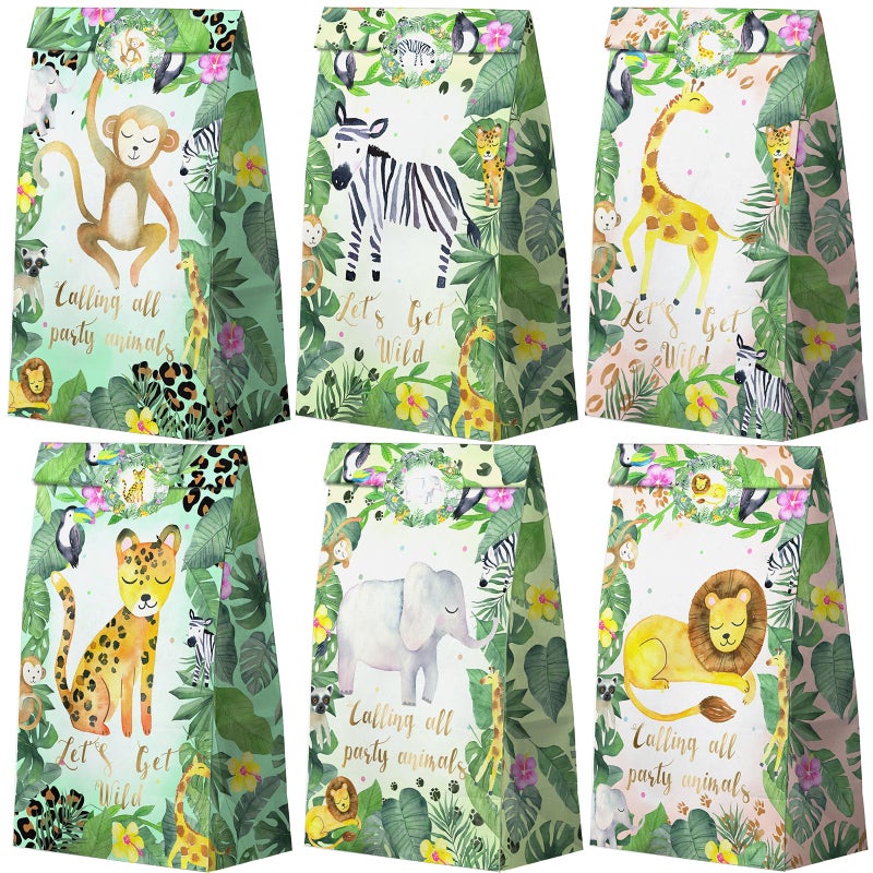 HaPiBiDesign Watercolor Safari Party Favor Bags  24 Pcs Jungle Party Candy Bags with Stickers  Jungle Goodie Gift Treat Bags  Watercolor Safari Themed Birthday Party Supplies