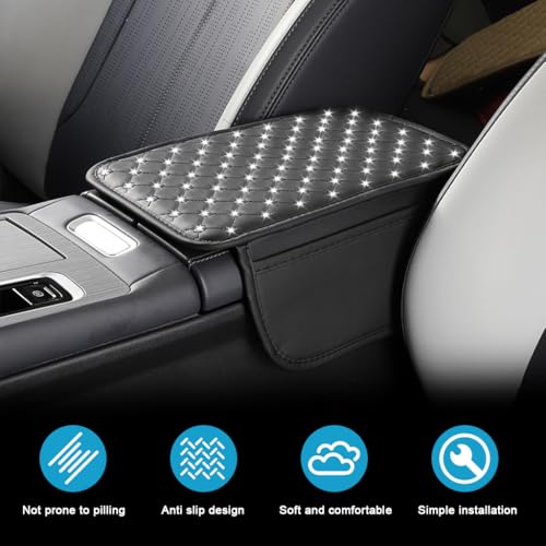 STHIRA® 2 In 1 Car Arm Rest Multipurpose Center Console Car Arm Rest Cushion With Storage Pouch Fashion Pu Arm Rest Cushion For Car Rhinestone Embellishment Quilting Car Hand Rest Pad, 30x20cm - Image 3