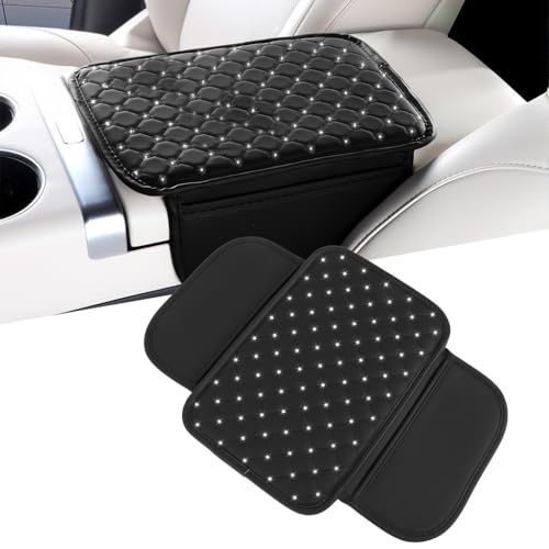 STHIRA® 2 In 1 Car Arm Rest Multipurpose Center Console Car Arm Rest Cushion With Storage Pouch Fashion Pu Arm Rest Cushion For Car Rhinestone Embellishment Quilting Car Hand Rest Pad, 30x20cm - Image 1