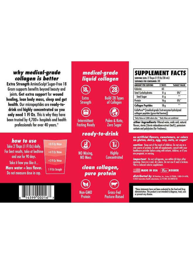 Health Direct - HEALTH DIRECT AminoSculpt Sugar-Free Collagen Supplement - High Potency Medical-Grade Protein for Hair, Skin, Nails & Joints, Grass-Fed, Non-GMO, Liquid Collagen - Tart Cherry - 30 Fl Oz - Image 1