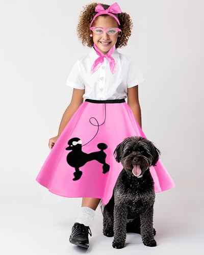 Silicherry 1950s Kids Poodle Skirt 50s Sock Hop Costume with Shirt Scarf Headband Earrings Glasses Socks(7-9 Years,Pink) - Image 5