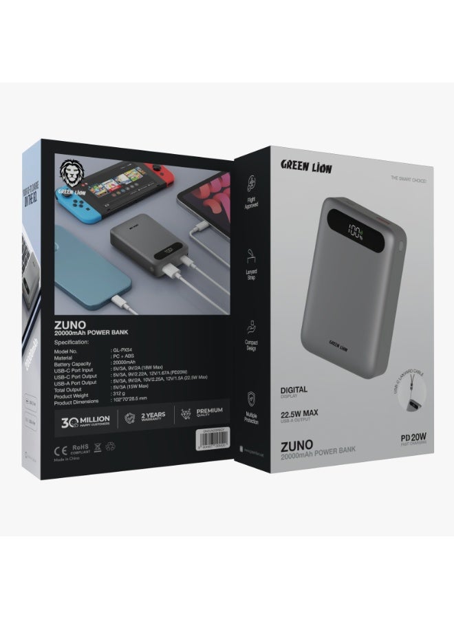 GREEN LION Zuno Power Bank 20000mAh PD 20W whit Lanyard Strap & Digital Display / Flight Approved / Powerbank Compact Design / Multiple Protection - Grey - Image 4