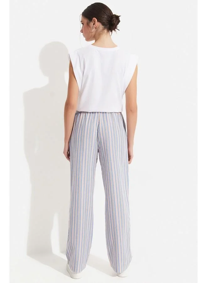 JUNE June Women 100% Cotton Elastic Waist Striped Trouser Blue
