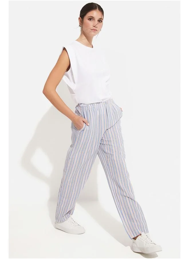 جون June Women 100% Cotton Elastic Waist Striped Trouser Blue