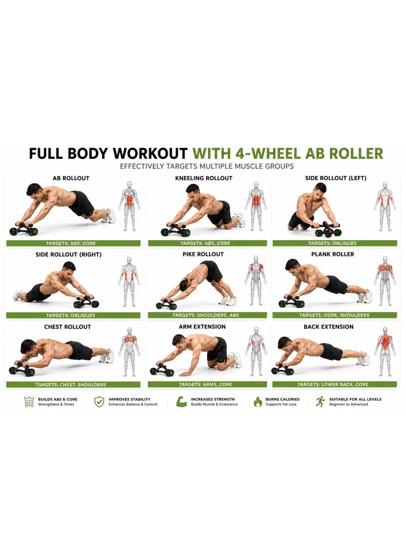 عجلة تمارين البطن 4 عجلات مع وسادة ركبة، عجلات مانعة للانزلاق، لتقوية عضلات البطن والكور والذراعين والظهر، مناسبة للمنزل والجيم - Image 3