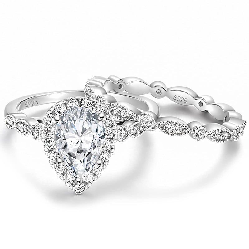 EAMTI 1.25CT 925 Sterling Silver Bridal Ring Sets Teardrop CZ Engagement Vintage Pear Promise Rings Marquise Wedding Bands for Women Size 11 - Image 1