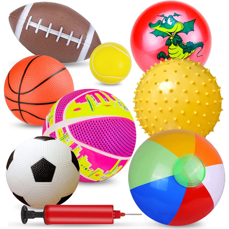 Ynanimery Balls for Toddlers 1-3, Toy Balls for Kids, Set of 8 Sport Toys with Pump/Beach Balls/Soccer/Basketball/Tennis/Football/Massage Balls/Rugby/Playground Ball for Indoor Outdoor Party Games - Image 1