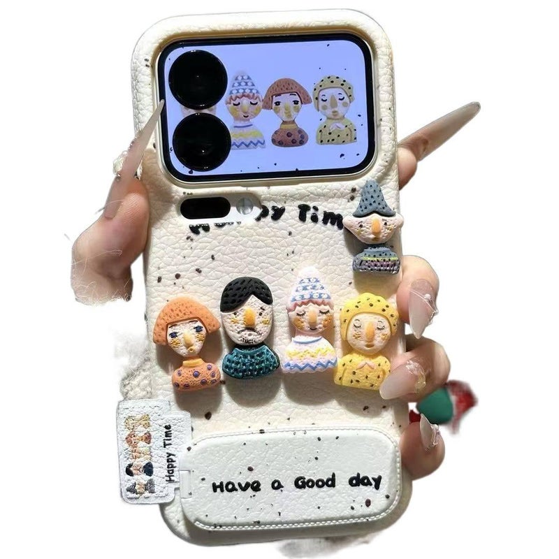 غطاء واقي بسيليكون لـ iPhone 14 / 14 Plus / 14 Pro / 14 Pro Max مع حماية من السقوط وحامل قائم مع مقاوم للصدمات مع نقش دمية مضحكة مع حامل مرآة قابل للطي باللون Yellow Base Splatter. - Image 4
