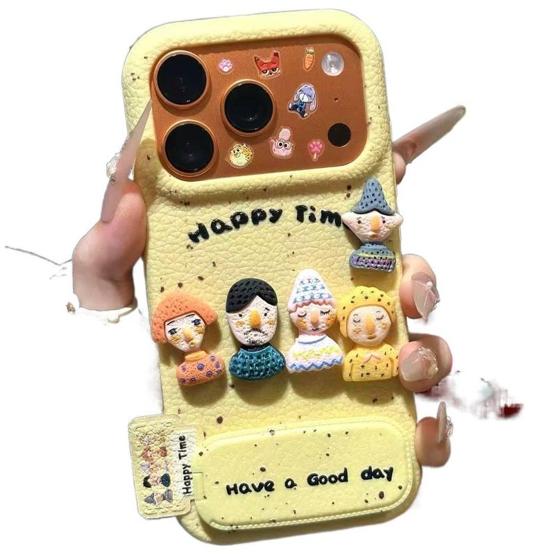 غطاء واقي بسيليكون لـ iPhone 14 / 14 Plus / 14 Pro / 14 Pro Max مع حماية من السقوط وحامل قائم مع مقاوم للصدمات مع نقش دمية مضحكة مع حامل مرآة قابل للطي باللون Yellow Base Splatter. - Image 5