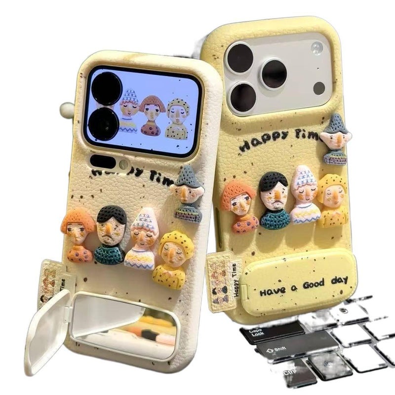 غطاء واقي بسيليكون لـ iPhone 14 / 14 Plus / 14 Pro / 14 Pro Max مع حماية من السقوط وحامل قائم مع مقاوم للصدمات مع نقش دمية مضحكة مع حامل مرآة قابل للطي باللون Yellow Base Splatter. - Image 2