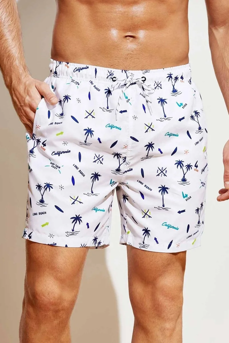 Angelsin Men's Basic Standard Size Palm Printed Swimsuit with Pocket Swim Shorts