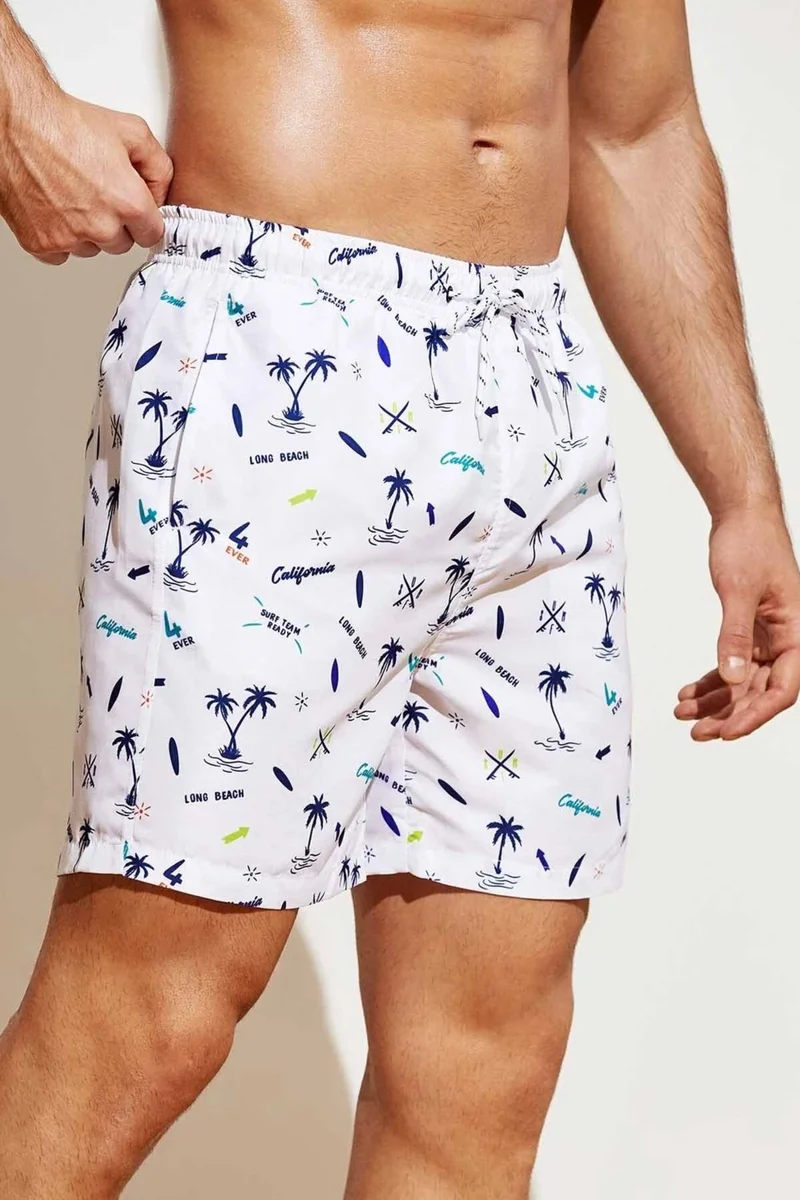 Angelsin Men's Basic Standard Size Palm Printed Swimsuit with Pocket Swim Shorts