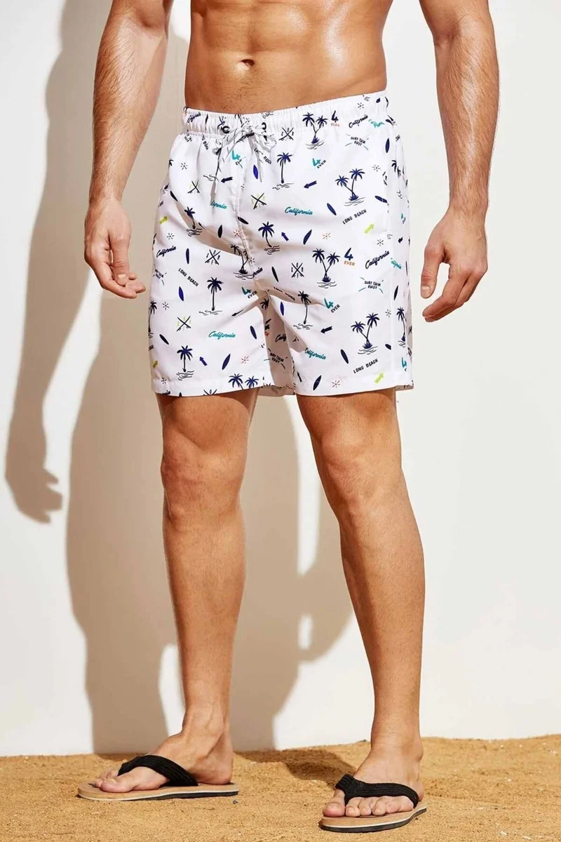 Angelsin Men's Basic Standard Size Palm Printed Swimsuit with Pocket Swim Shorts