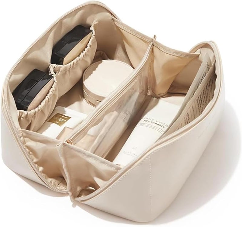 HOSICRON Travel Makeup Bag,Large Capacity Cosmetic Bags for Women,Waterproof Portable Pouch Open Flat Toiletry Bag Make up Organizer with Divider and Handle, White, Simple - Image 1