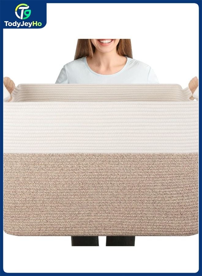 TodyJeyHo Large Blanket Basket, 55*38*30cm Rectangle Woven Baskets, Nursery Blanket Storage Living Room, Toy Storage With Handle, Large Baskets for Organizing-Gradient white brown - Image 1